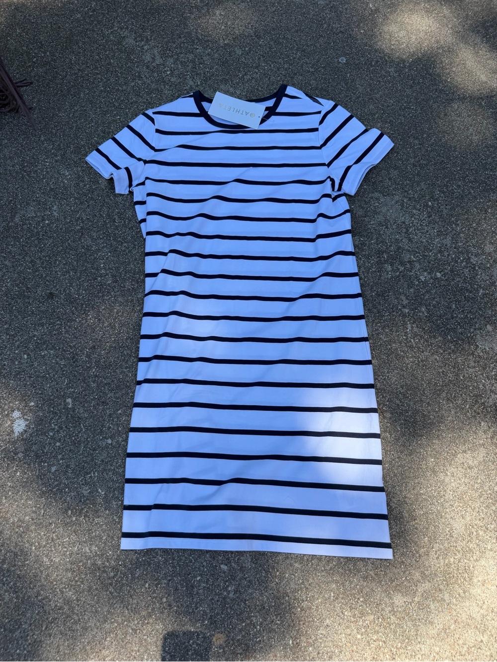 Athleta White Dress with Navy Stripes - Short Sleeve Mini - Picture 5 of 5